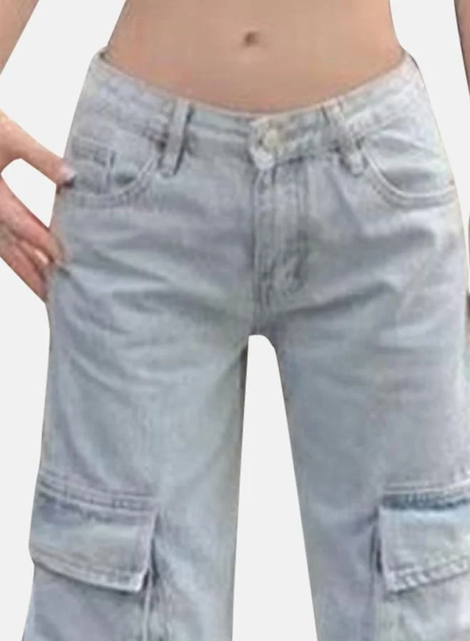 YUNIQEE Blue Straight Fit High-Rise Denim Cargo Jeans