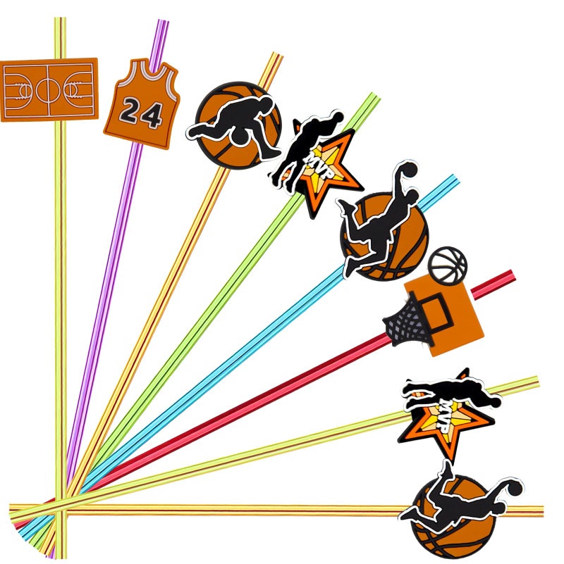 MEAXUR 24pcs Basketball Themed Straight Reusable Straws for Basketball Party Favors Gift Daily Drinking Birthday Party Class Reunions Sports Basketball Party Supplies With 2 Clean Brushes 6color - Image 1