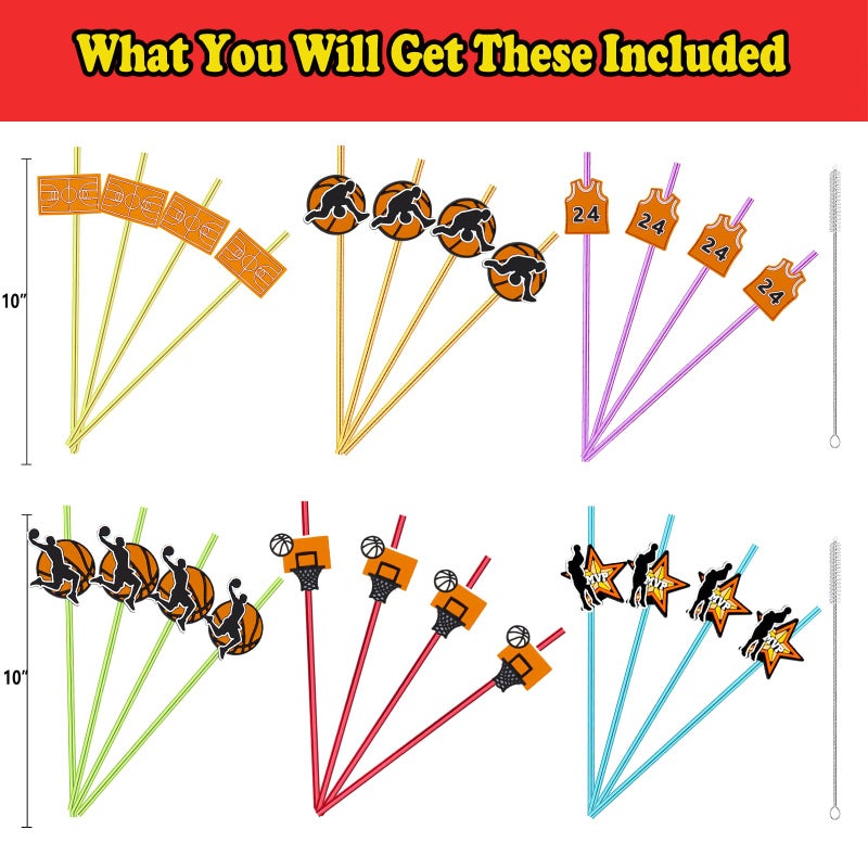 MEAXUR 24pcs Basketball Themed Straight Reusable Straws for Basketball Party Favors Gift Daily Drinking Birthday Party Class Reunions Sports Basketball Party Supplies With 2 Clean Brushes 6color - Image 2