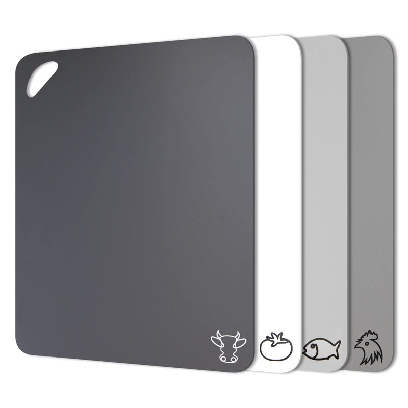 Fotouzy Plastic Cutting Boards with Food Icons, Set of 4, Flexible Cutting Mats with Hole, BPA-Free, Non-Slip and Dishwasher Safe, Modern Neutral Colors - Image 1