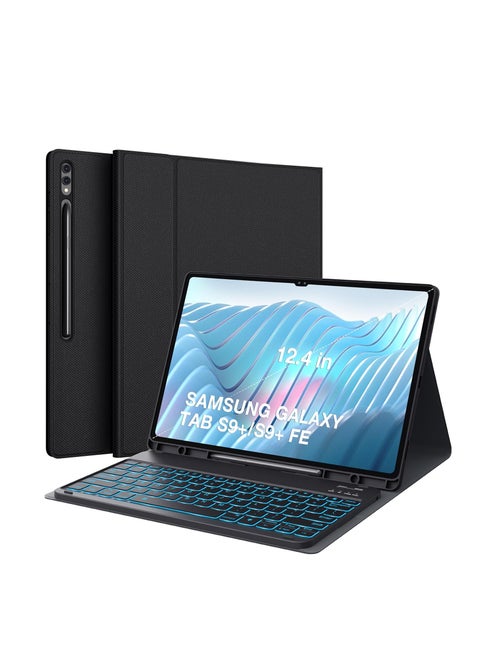 حافظة لوحة مفاتيح لجهاز Samsung Galaxy Tab S9 Plus/S9 FE+ مقاس 12.4 بوصة 2023 مع حامل قلم S، لوحة مفاتيح بلوتوث لاسلكية قابلة للفصل لجهاز S9+ للطراز (SM-X810/X816B/X610/X616B)، أسود