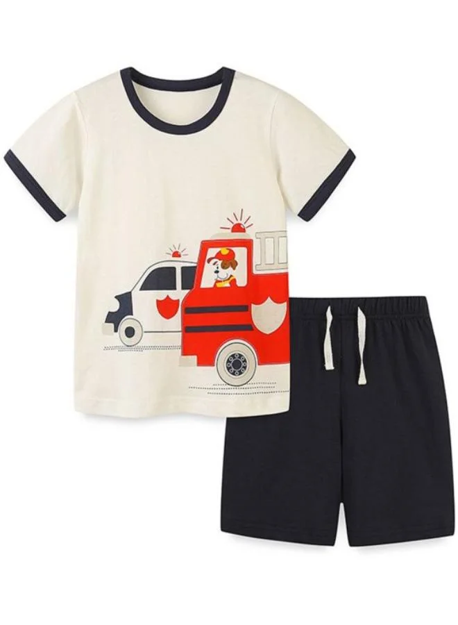 يونيكي Cream Crew Neck Short Sleeve Printed Tshirt & Shorts