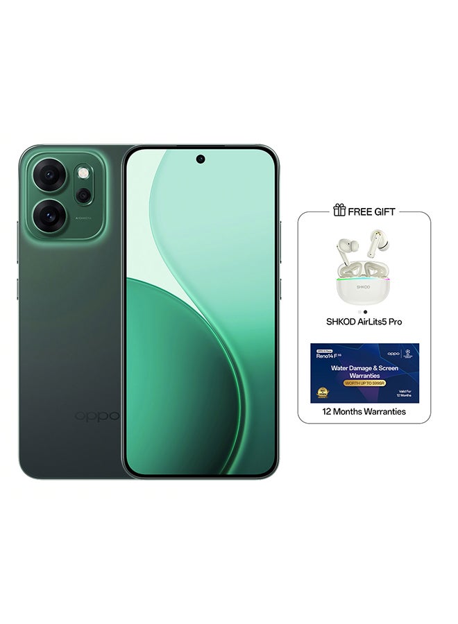 OPPO Reno14 F 5G Dual SIM Luminous Green 12GB RAM 512GB - Middle East Version with Gift SHKOD AirLits5 Pro - Image 1
