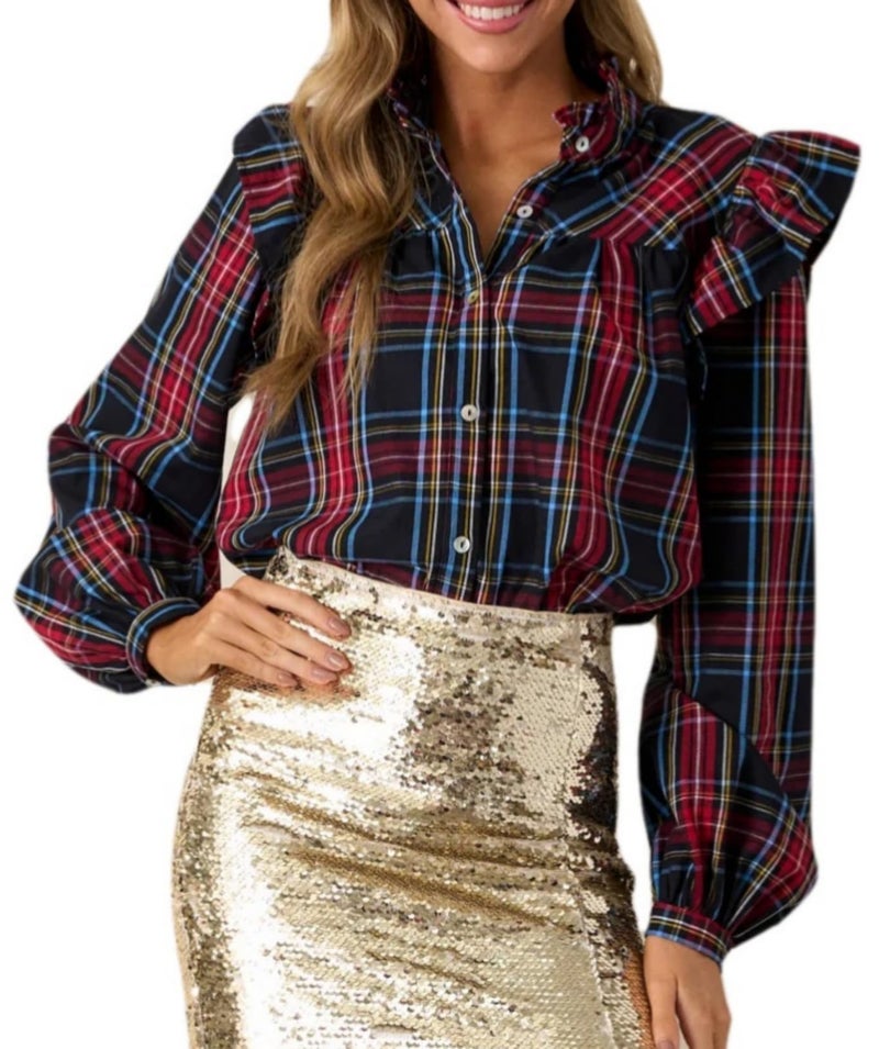 LifeShe Plaid Shirts for Women Ruffle Button Down Shirts Puff Long Sleeves Blouses Collared Casual Tops Blue - Image 1