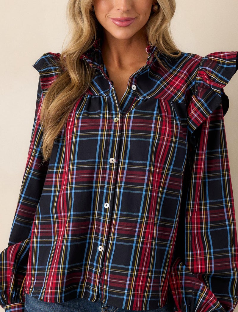 LifeShe Plaid Shirts for Women Ruffle Button Down Shirts Puff Long Sleeves Blouses Collared Casual Tops Blue - Image 4