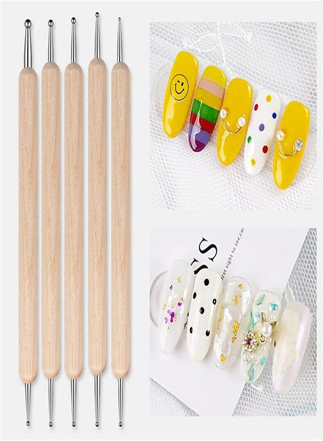 روبي فيس قلم روبي فيس لتزيين الأظافر بنقاط، فرشاة مزدوجة الأطراف لتزيين الأظافر، قلم مانيكير لالتقاط أحجار الراين والكرات الفولاذية واللؤلؤ لتزيين الأظافر، قلم تصميم نقاط لعمل أظافر الجل بنفسك (مقبض خشبي، 5 قطع) - Image 2