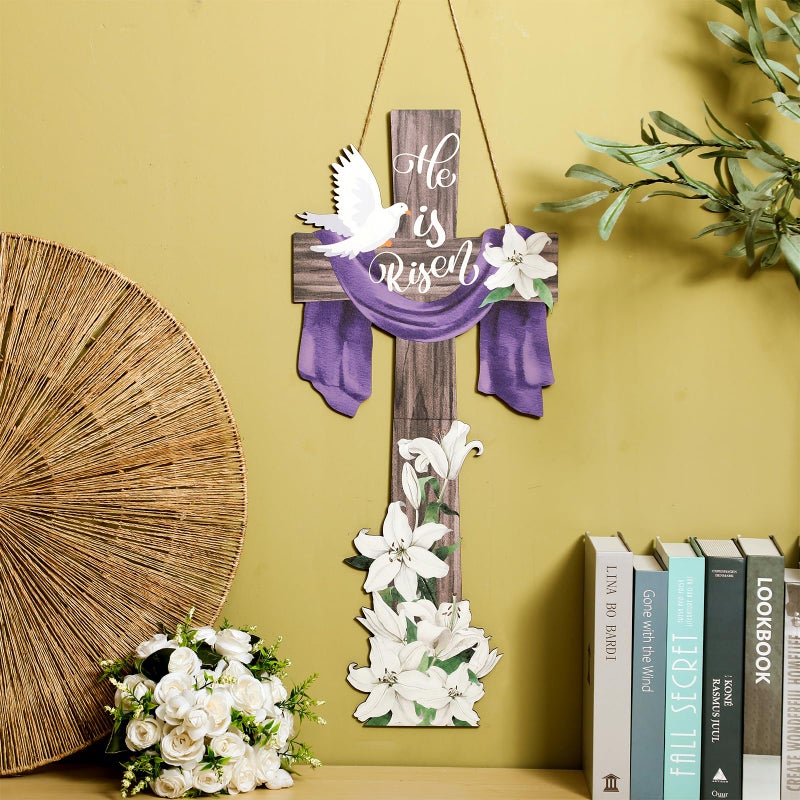 Menkxi Large Easter He Is Risen Welcome Door Sign Easter Decorations Cross Wall Art Hanging Wood He Is Risen Front Door Decor Easter Door Sign for Farmhouse Home Wall Holiday Decoration - Image 3