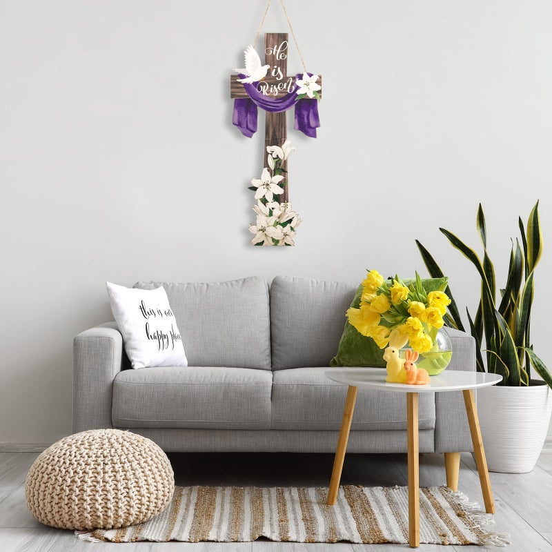 Menkxi Large Easter He Is Risen Welcome Door Sign Easter Decorations Cross Wall Art Hanging Wood He Is Risen Front Door Decor Easter Door Sign for Farmhouse Home Wall Holiday Decoration - Image 4