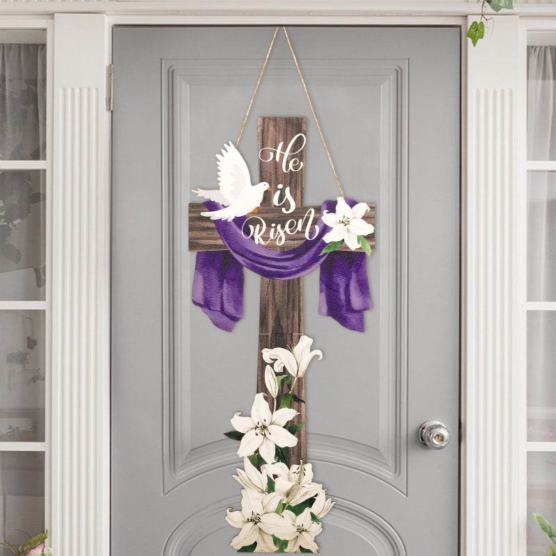 Menkxi Large Easter He Is Risen Welcome Door Sign Easter Decorations Cross Wall Art Hanging Wood He Is Risen Front Door Decor Easter Door Sign for Farmhouse Home Wall Holiday Decoration - Image 1