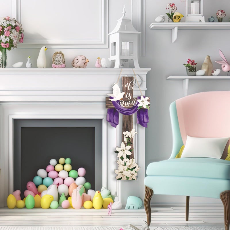 Menkxi Large Easter He Is Risen Welcome Door Sign Easter Decorations Cross Wall Art Hanging Wood He Is Risen Front Door Decor Easter Door Sign for Farmhouse Home Wall Holiday Decoration - Image 5