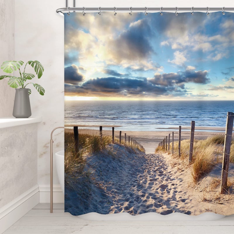 Riyidecor Beach Ocean Shower Curtain Seaside Seashore 60Wx72H Inch Sunset Coastal Scenery Landscape Nautical Sea Scenic Sand Blue Sky Summer Peaceful Calming Relax Polyester Fabric Bathroom Bathtub