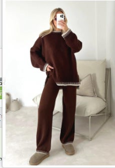 2023 Casual Two-Piece Set Womens Autumn Winter Dark brown