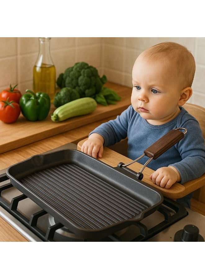 Risoli Granite Grill Pan 43x26cm Heavy-Duty Cast Aluminium Non-Stick Grill with Wooden Folding Handle - Image 3