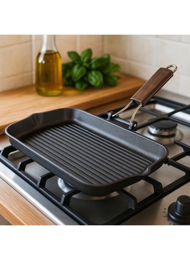 Risoli Granite Grill Pan 43x26cm Heavy-Duty Cast Aluminium Non-Stick Grill with Wooden Folding Handle - Image 5