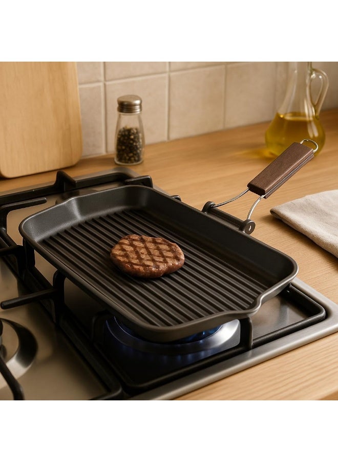 Risoli Granite Grill Pan 43x26cm Heavy-Duty Cast Aluminium Non-Stick Grill with Wooden Folding Handle - Image 1