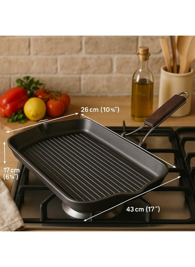 Risoli Granite Grill Pan 43x26cm Heavy-Duty Cast Aluminium Non-Stick Grill with Wooden Folding Handle - Image 4