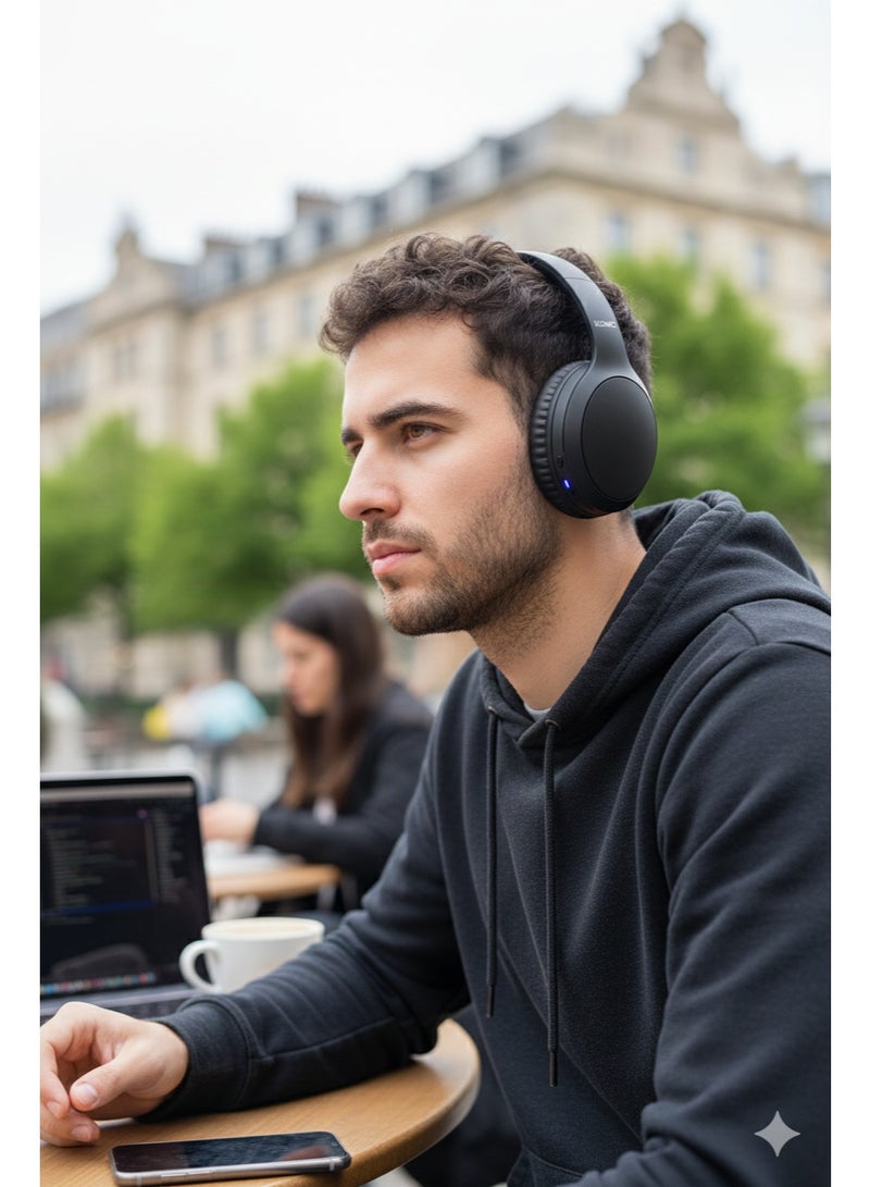 Komc Wireless Headphones with HiFi Stereo Sound, Deep Bass, 3D Spatial Audio, Bluetooth 5.3 for Stable Low-Latency Connection, Up to 70 Hours Battery Life, Foldable Lightweight Design, Wired & Wireless Modes, Customizable EQ, App Integration, Comfortable Fit for Gaming, Music & Travel-Black - Image 2