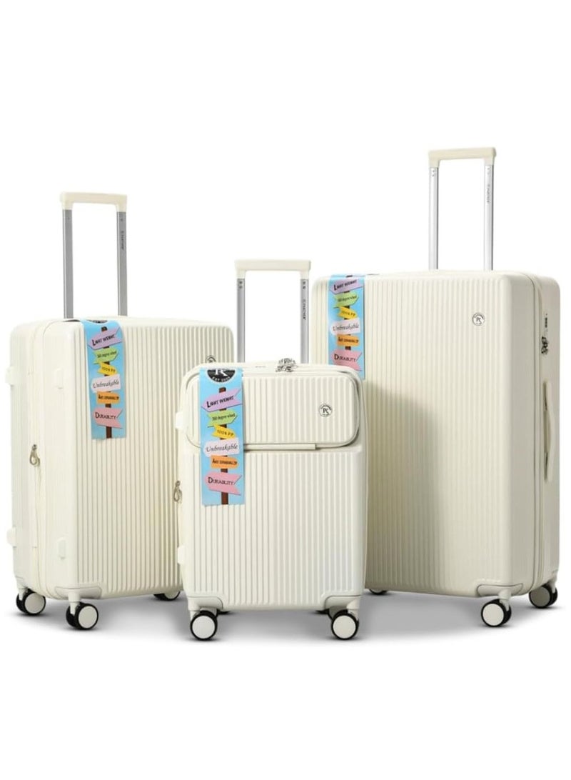 PARTNER 3 PCS TROLLEY LUGGAGE FRONT OPEN POLY CARBON MATERIAL, LUGGAGE SUITCASE SET AND CABIN LUGGAGE BAG SET WHITE COLOUR 