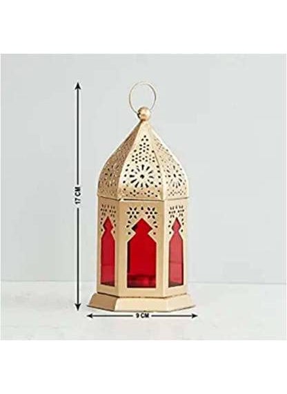 PALMY PALMY Moroccan Hanging Lantern Laltern Lamp with Tealight Candle Holder Set of 6 Combo Gold RED Glass  - Image 2