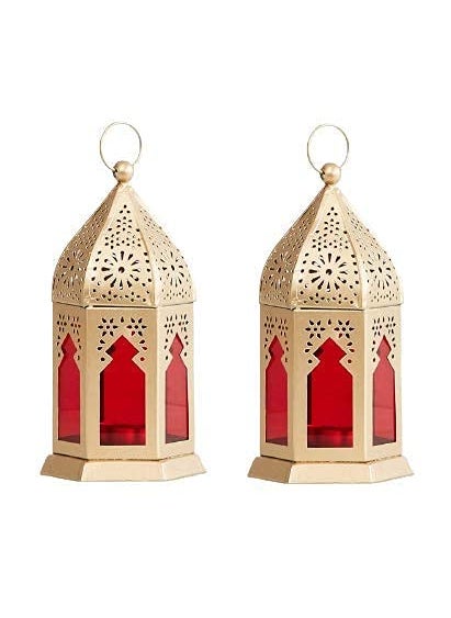 PALMY PALMY Moroccan Hanging Lantern Laltern Lamp with Tealight Candle Holder Set of 6 Combo Gold RED Glass  - Image 3