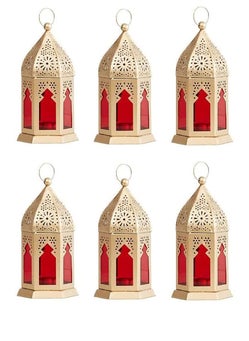 PALMY PALMY Moroccan Hanging Lantern Laltern Lamp with Tealight Candle Holder Set of 6 Combo Gold RED Glass  - Image 1