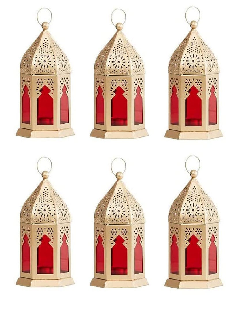 PALMY PALMY Moroccan Hanging Lantern Laltern Lamp with Tealight Candle Holder Set of 6 Combo Gold RED Glass  - Image 1