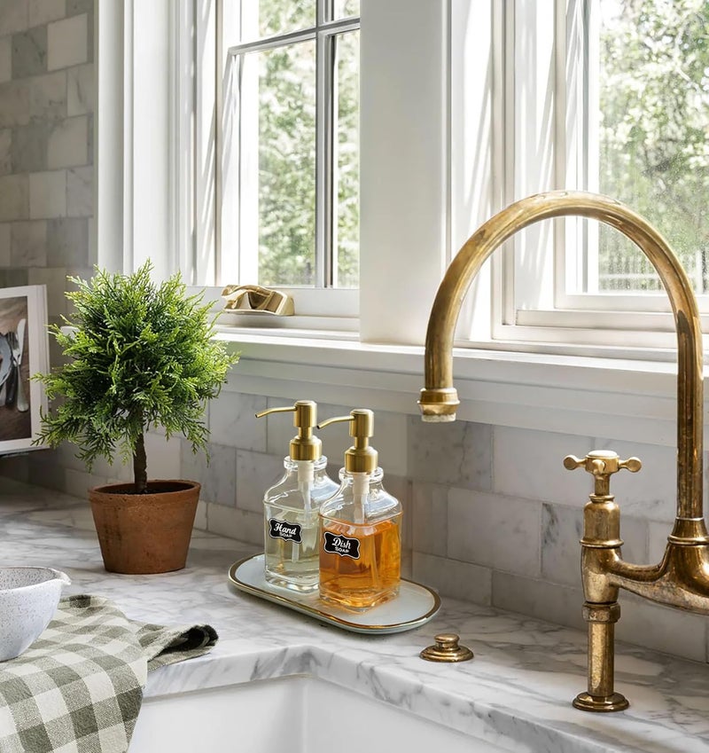 JASAI Antique Square Glass Soap Dispenser with Golden Rust Proof Pump, Refillable soap Dispenser with 10Pcs Stickers for Kitchen, Dish Soap Dispenser for Kitchen Bathroom Soap, Hand soap, Lotion. - Image 4