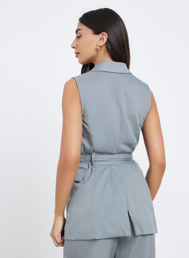 Styli Grey Longline Belted Sleeveless Waistcoat - Image 4
