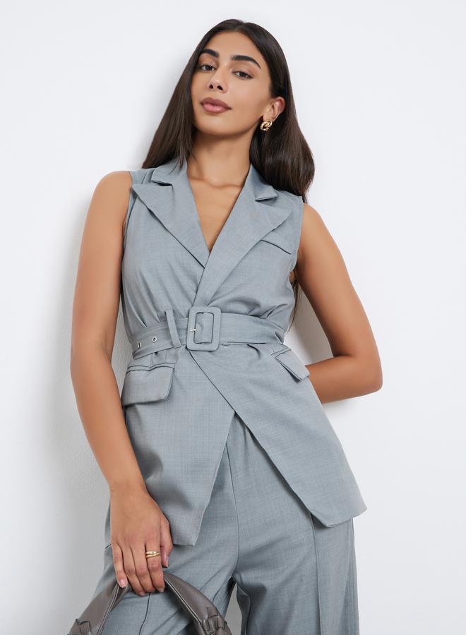 Styli Grey Longline Belted Sleeveless Waistcoat - Image 1