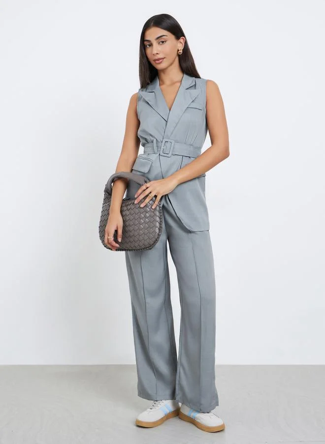Styli Styli Grey Longline Belted Sleeveless Waistcoat