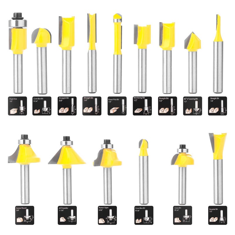 KOWOOD Router Bits Set of 15 Pieces 1/4 Inch Woodwork Tools for Beginners - Image 2