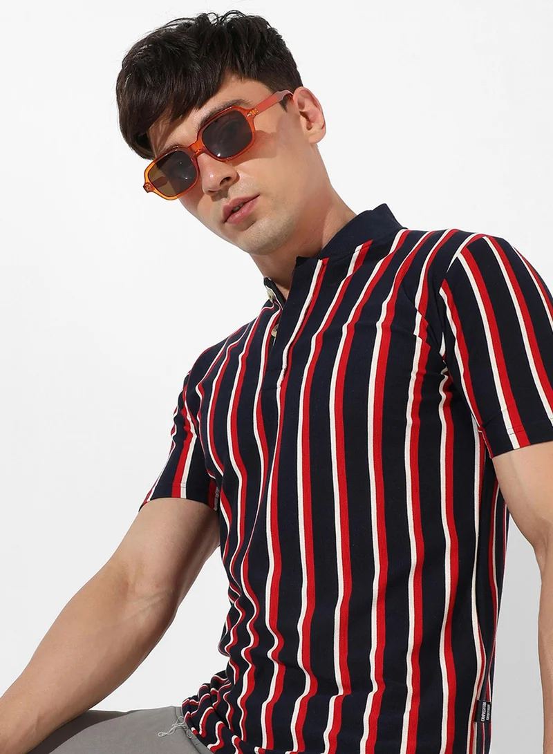 كامبوس سوترا Campus Sutra Men's Multicolour Striped Spread Collar Short Sleeve Regular Fit Casual T-Shirt For Casual Wear |  T-Shirt Crafted With Comfort Fit And High-Performance For Everyday Wear