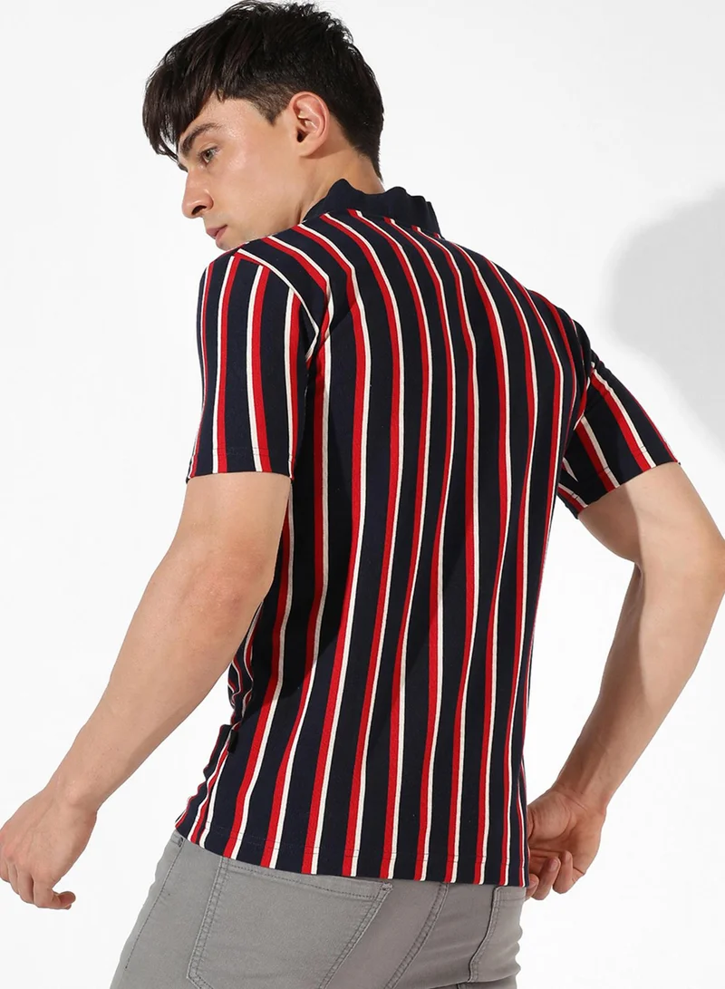كامبوس سوترا Campus Sutra Men's Multicolour Striped Spread Collar Short Sleeve Regular Fit Casual T-Shirt For Casual Wear |  T-Shirt Crafted With Comfort Fit And High-Performance For Everyday Wear