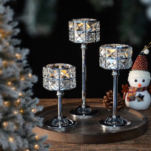 Kehail Crystal Metal Candle Holder, Square Crystal Beads Bling Tea Light Candlestick, Tall Votive Candelabra Elegant Centerpiece for Table Wedding Decoration, Home Decor (Silver, Set of 3) - Image 1