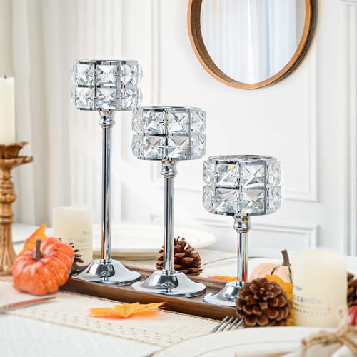Kehail Crystal Metal Candle Holder, Square Crystal Beads Bling Tea Light Candlestick, Tall Votive Candelabra Elegant Centerpiece for Table Wedding Decoration, Home Decor (Silver, Set of 3) - Image 5