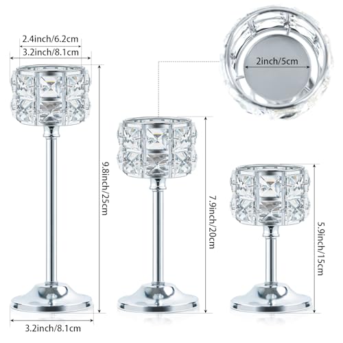 Kehail Crystal Metal Candle Holder, Square Crystal Beads Bling Tea Light Candlestick, Tall Votive Candelabra Elegant Centerpiece for Table Wedding Decoration, Home Decor (Silver, Set of 3) - Image 3