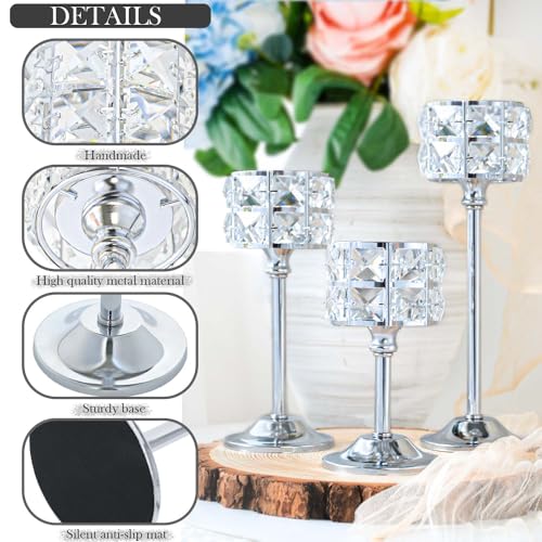 Kehail Crystal Metal Candle Holder, Square Crystal Beads Bling Tea Light Candlestick, Tall Votive Candelabra Elegant Centerpiece for Table Wedding Decoration, Home Decor (Silver, Set of 3) - Image 4