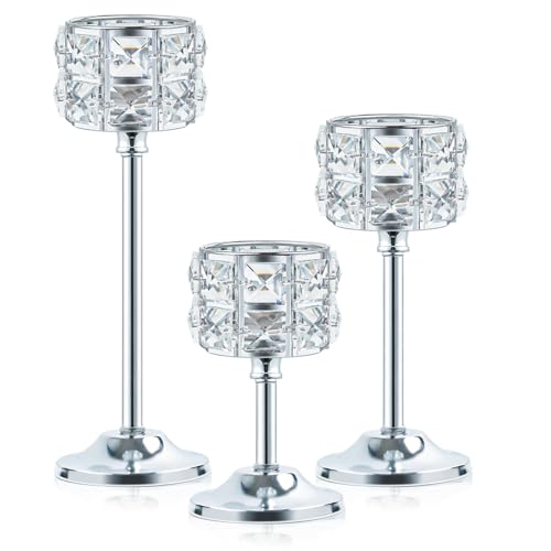 Kehail Crystal Metal Candle Holder, Square Crystal Beads Bling Tea Light Candlestick, Tall Votive Candelabra Elegant Centerpiece for Table Wedding Decoration, Home Decor (Silver, Set of 3) - Image 2