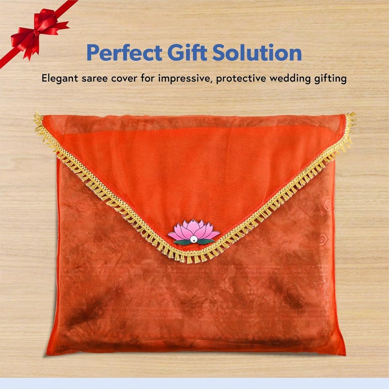 Kuber Industries 2 Pcs Double Layer Organza Saree Covers for Gifting with Flower Flap Closure | Wedding Saree Cover | Single Saree/Suit Packing Shagun Cloth Cover | Golden Lace - Orange & Pink - Image 2