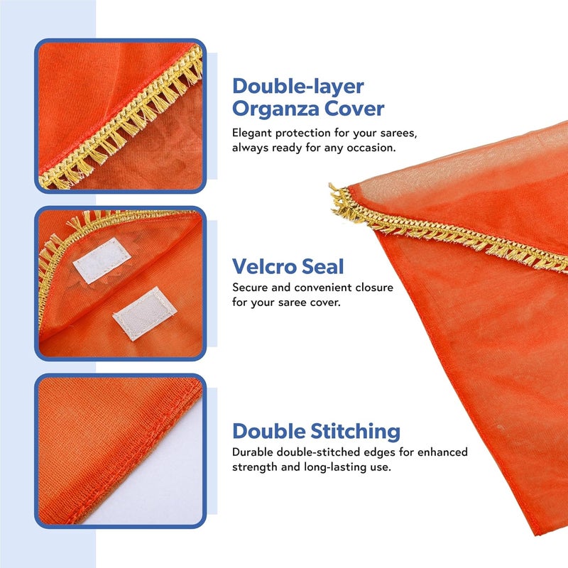 Kuber Industries 2 Pcs Double Layer Organza Saree Covers for Gifting with Flower Flap Closure | Wedding Saree Cover | Single Saree/Suit Packing Shagun Cloth Cover | Golden Lace - Orange & Pink - Image 4
