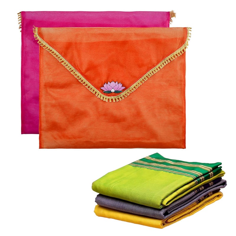 Kuber Industries 2 Pcs Double Layer Organza Saree Covers for Gifting with Flower Flap Closure | Wedding Saree Cover | Single Saree/Suit Packing Shagun Cloth Cover | Golden Lace - Orange & Pink - Image 1