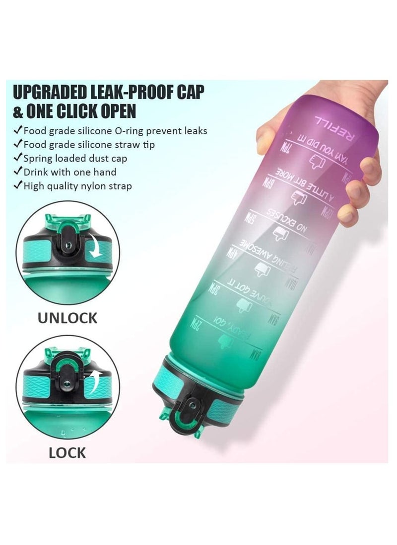 MahMir - Water Bottle 1L with Time Marker Straw Strainer Tritan BPA Free for Fitness Gym Outdoor Sports By MahMir Green - Image 1