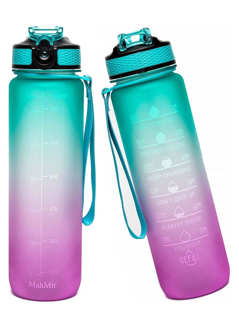 MahMir - Water Bottle 1L with Time Marker Straw Strainer Tritan BPA Free for Fitness Gym Outdoor Sports By MahMir Green - Image 1