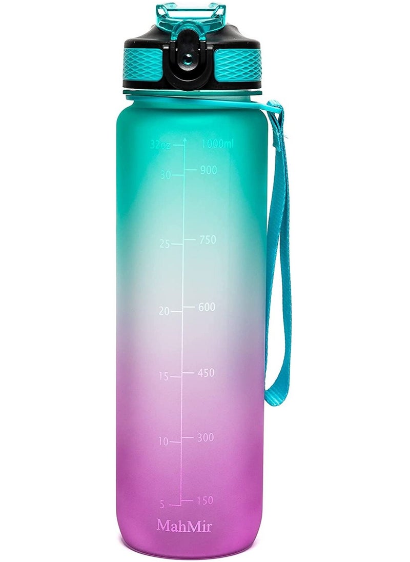 MahMir - Water Bottle 1L with Time Marker Straw Strainer Tritan BPA Free for Fitness Gym Outdoor Sports By MahMir Green - Image 1