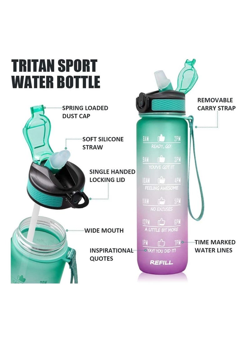 MahMir - Water Bottle 1L with Time Marker Straw Strainer Tritan BPA Free for Fitness Gym Outdoor Sports By MahMir Green - Image 1