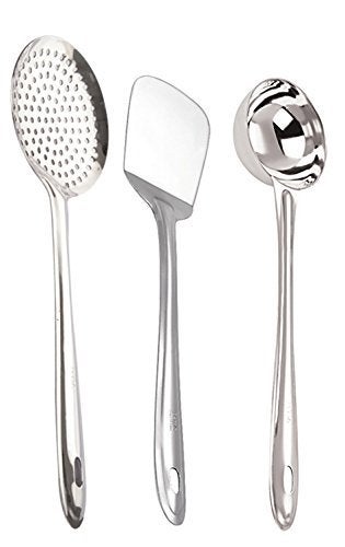 Sameer sales SAMEERSALES Stainless Steel Serving and Cooking Spoon Puri Strainer Spatula Deep Ladle Steel Spoon Set for Kitchen Pack of 3