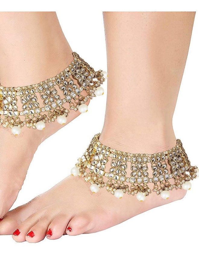 Aheli - Set Of 2 Indian Traditional Faux Kundan Designer Anklets Ethnic Wedding Fashion Jewelry For Women - Image 1
