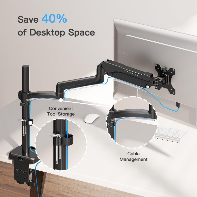 MOUNTUP 27 inch Extra Long Monitor Arm, Single Desk Mount for 22-32 inch, Tall Monitor Stand Holds 4.4-19.8lbs, Height Adjustable Monitors Stand for Desk with C-Clamp/Grommet Base, Black - Image 5