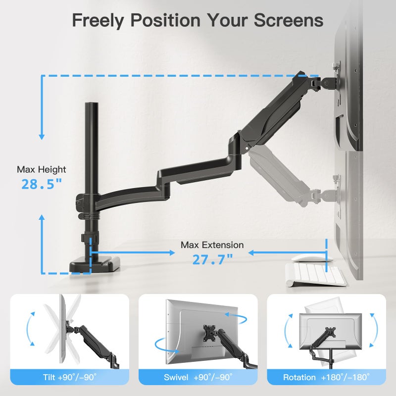 MOUNTUP 27 inch Extra Long Monitor Arm, Single Desk Mount for 22-32 inch, Tall Monitor Stand Holds 4.4-19.8lbs, Height Adjustable Monitors Stand for Desk with C-Clamp/Grommet Base, Black - Image 4