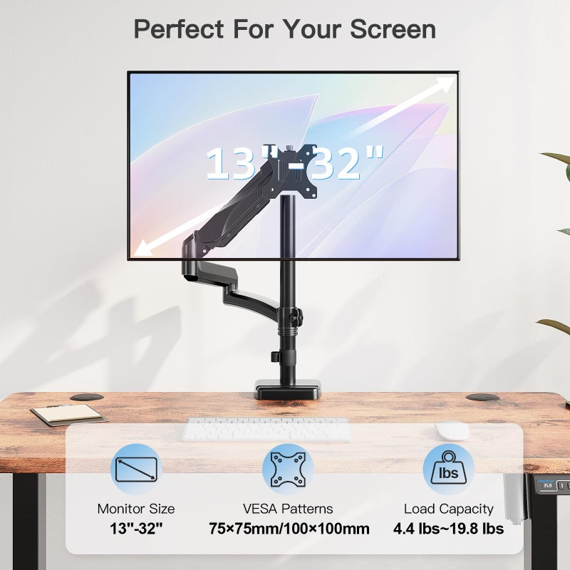 MOUNTUP 27 inch Extra Long Monitor Arm, Single Desk Mount for 22-32 inch, Tall Monitor Stand Holds 4.4-19.8lbs, Height Adjustable Monitors Stand for Desk with C-Clamp/Grommet Base, Black - Image 3